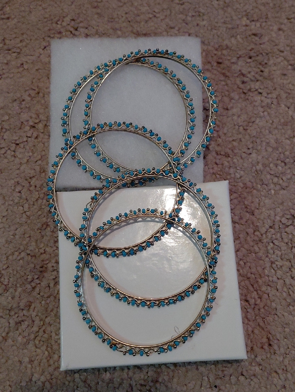 Silver Bangles with Turquoise Bead Accents - Women Jewelry